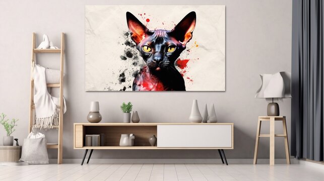 Portrait of a Sphynx cat on a white background in watercolor hangs on wall in living room. Generative AI 