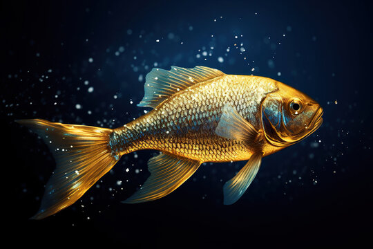 Beautiful golden fish in water. Ocean or sea inhabitant, marine life. Underwater creature. Generative AI.