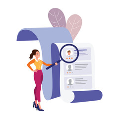 Cartoon female character working in recruitment agency. Professional headhunting business representatives. HR department hiring candidates for job. Vector