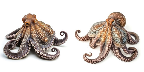 Two octopuses. Sea animals, isolated on white background. Collection of ocean inhabitants. Marine life. Undersea creatures. Underwater wildlife. Beautiful octopus. Generative AI.