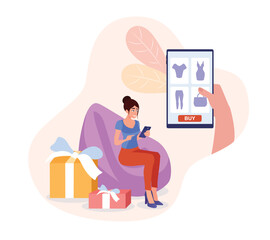 Colored cartoon smiling woman doing shopping over internet. Electronic commerce and online stores buyers. Digital environment and fashion sector. Vector