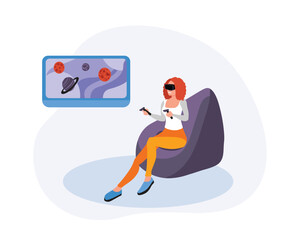 Smiling cartoon woman looking at planets and space through virtual reality glasses and experiencing virtual reality simulation. Entertainment and visual experience. Vector