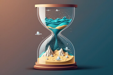 Creative 3D hourglass with ocean waves and sand on flat colored background with copy space. Minimal summer time concept, time to travel, beach relax. Generative AI 3d render illustration imitation. - obrazy, fototapety, plakaty