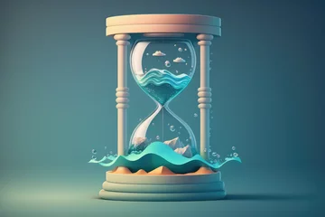 Door stickers Green Blue Creative 3D hourglass with sea waves and sand on flat colored background with copy space. Minimal summer time concept, time to travel, beach relax. Generative AI 3d render illustration imitation.