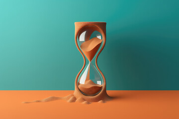 Modern Creative 3D hourglass on a flat colored background with copy space. Minimal deadline concept, the time has come, the expectations. Generative AI 3d render illustration imitation. - obrazy, fototapety, plakaty