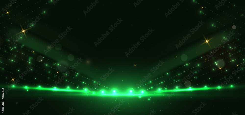 Poster abstract green dot lighting effect on dark green background with lighting effect and bokeh.