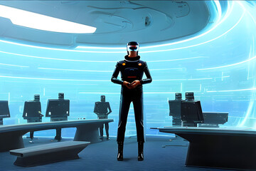 Futuristic cyber security expert amidst computers, analyzing data streams, holographic cyber threats, lurking hackers.