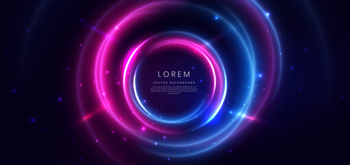 Abstract technology futuristic circles neon glowing blue and pink light lines with speed motion blur effect on dark blue background. © Pramote