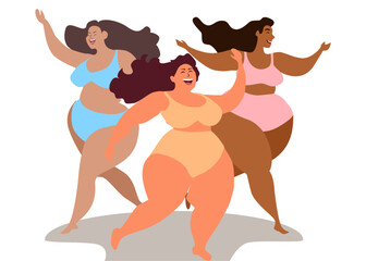 Bodypositive, inclusive concept. different races active womans plus size happy dancing in a bikini. vector Modern illustration cartoon young haracter flat style. mental health, acceptance themselves 