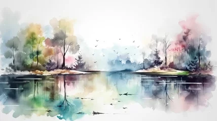 Draagtas Beautiful picture of a watercolor landscape with a lake © Sndor