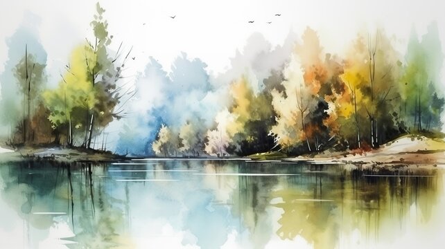 Beautiful picture of a watercolor landscape with a lake