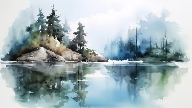Beautiful picture of a watercolor landscape with a lake