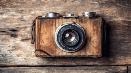 antique and old wooden photo camera. generative ai