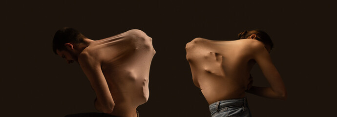 Emotions coming out. Human face silhouettes appearing from man's and woman's back. Feeling breakdown. Conceptual collage. Concept of psychology, inner world, feelings, hidden emotions, ad