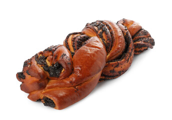Tasty sweet bun with poppy seeds isolated on white. Fresh pastry