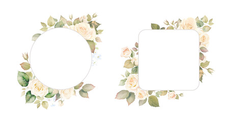 Watercolor floral illustration bouquet, borders and frames. Neutral beige roses and greenery. Bohemian flowers. Wedding stationary, greetings, wallpapers, fashion, background