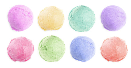 Set of ice cream scoops of different colors and flavors isolated on white, top view