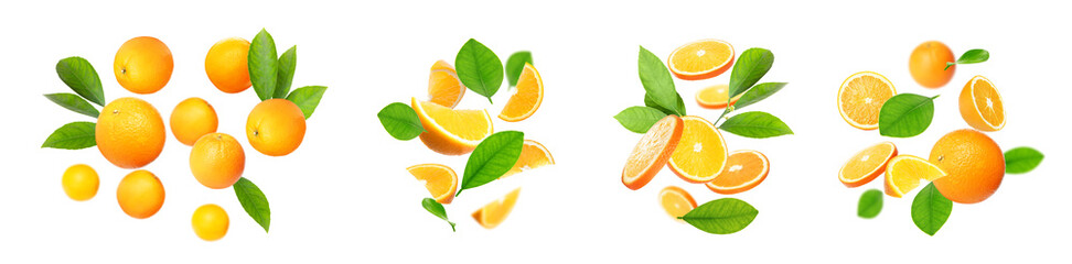 Set of cut and whole oranges with green leaves flying on white background