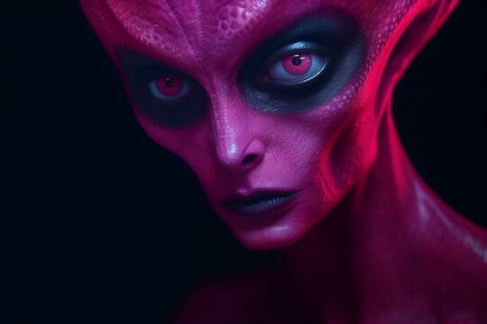 Magenta colored woman with alien looks, isolated on black, close-up headshot, intense, focused
