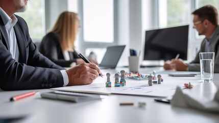 Fototapeta premium Entrepreneurs discuss the company's strategy at a large working table.