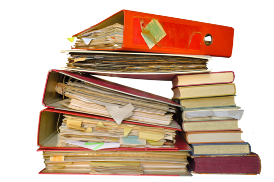 messy file folders,red tape, bureaucracy,aministration,business concept.Isolated on transparent background.