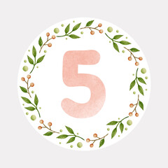 Baby monthly milestone, pink number 5 watercolor illustration.