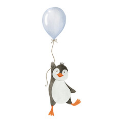 Penguin on a hot air balloon watercolor illustration isolated on white background.