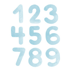 Set of blue numbers, watercolor illustrations isolated on white background.