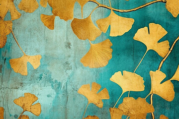 Art background with decorative ginkgo leaves in vintage style in gold and turquoise colors. 