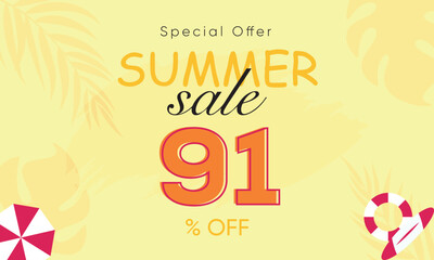 summer sale special offer 91% off, summer sale 91% off, special offer summer sale banner design, summer sale vector banner background