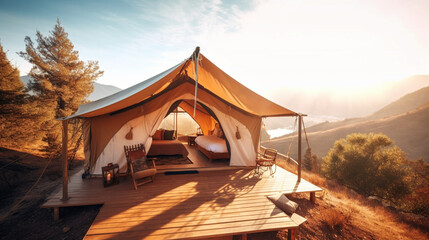 Luxury glamping tent in the mountains. Ai illustration, fantasy digital painting, Generative AI
