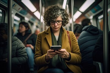 A woman using her smartphone during her subway commute, engrossed in work and connectivity . Generative Ai
