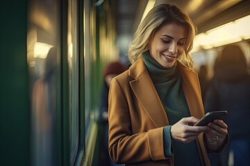 A woman using her smartphone during her subway commute, engrossed in work and connectivity . Generative Ai