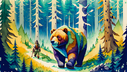 Giant Bear Roaming the Forest in a Terrifyingly Enchanting Display of Colors, Generative AI