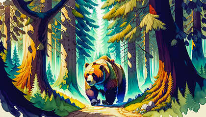 Giant Bear Roaming the Forest in a Terrifyingly Enchanting Display of Colors, Generative AI