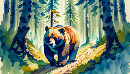 Giant Bear Roaming the Forest in a Terrifyingly Enchanting Display of Colors, Generative AI