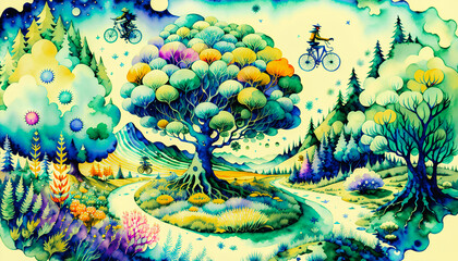Cycling Through a Colorful Meadow - An Artistic Journey with an Imaginative Tree