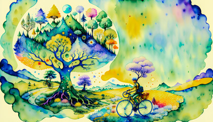 Cycling Through a Colorful Meadow - An Artistic Journey with an Imaginative Tree, Generative AI