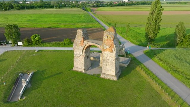 Aerial View Of Heidentor - Ancient Roman Triumphal Arch in Carnuntum, Austria.