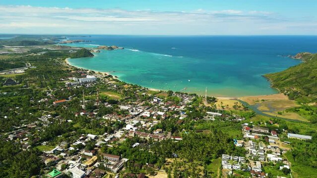Mandalika beach in developing Kuta town on Lombok island, Indonesia, aerial view