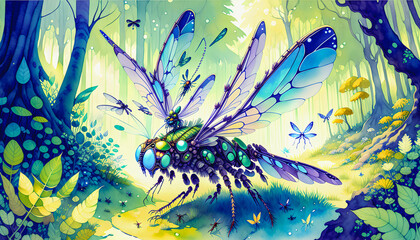 Realistic Depiction of a Robotic Dragonfly in a Forest Environment, Generative AI