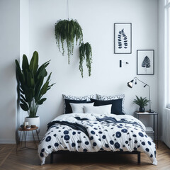  Neutral Color With Patterns Interior Bedroom, Large bed, Nature Feeling, Green Plant, Soft Light from Window, Carpet, Wood Side tables generative Ai