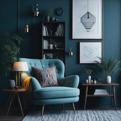 Stylish Interior Resting Place With Armchair, Plants, Library Case with Books,  Mock Up Poster Frames, Carpet, Working Space Generative Ai