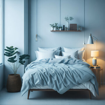 Bright Color Interior Bedroom, Cozy Large bed,  Green Plant, Soft Light, Carpet, Wood Side tables with Decorations generative Ai