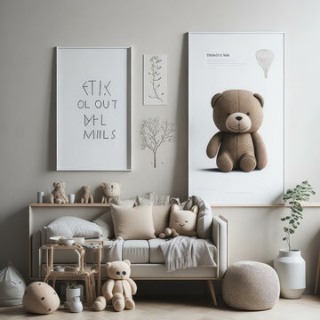  Scandinavian Style Kids Room, Beige color,  Lots of Hanging toys on wall, Teddy bear, Lamp, Soft Light Generative Ai