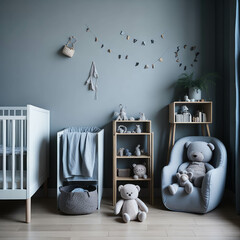 Scandinavian Baby room, Neutral color Wall,  Stars And Decoration, Wooden Cradle, Toys, Parquet Floor, Soft Light Generative Ai
