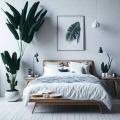  White bright Color Cozy Interior Bedroom, Large bed, Green Plant and Flowers, Soft Light from Window, Carpet, Wood Side tables Decorations generative Ai