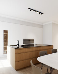 The interior of a light minimalist kitchen-studio with a wooden island. Kitchen with bar stool and black marble top with large window and appliances. Black faucet and stove on the island. 3D rendering
