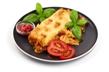 Traditional Homemade Italian Lasagna, isolated on white background.