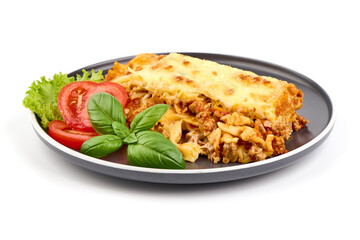 Lasagna, Traditional homemade Italian dish, isolated on white background.